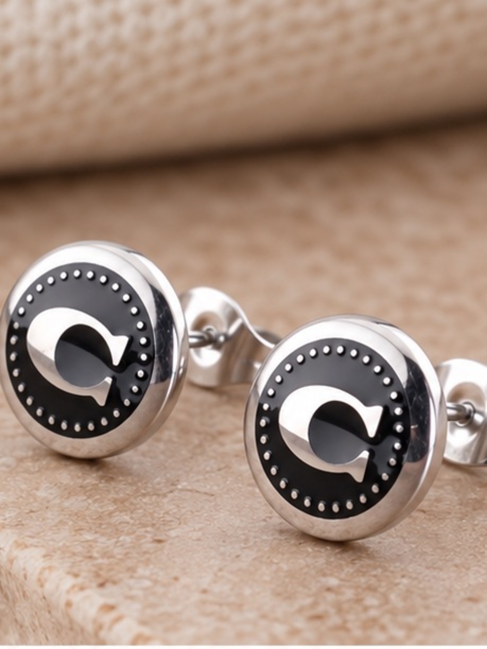 Silver & Black C Logo Round Stud Earrings 1cm Designer Inspired